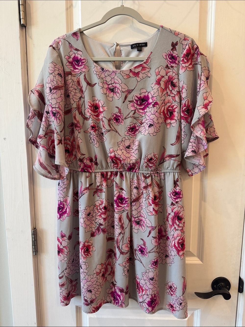 As U Wish Gray Mini Dress with Pink Floral Print and Flutter Ruffle Sleeves